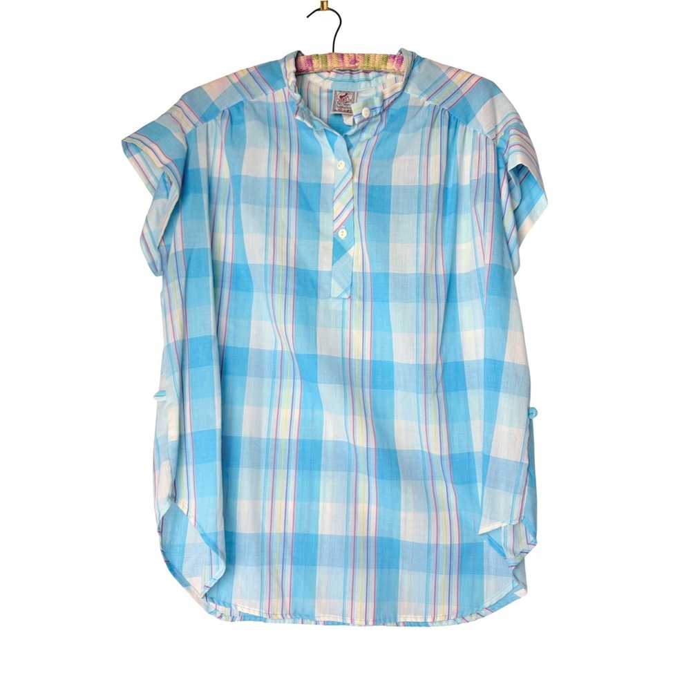 1970s Vintage Ms Tops California Blue Plaid Short Sleeve Blouse Size 42 USA Made